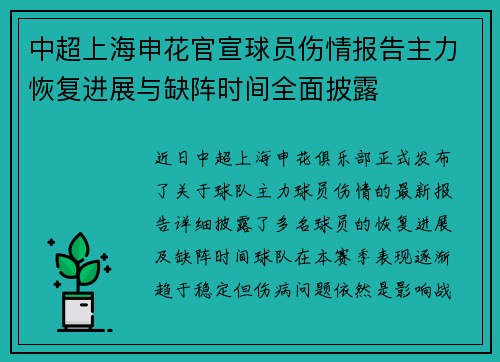 中超上海申花官宣球员伤情报告主力恢复进展与缺阵时间全面披露