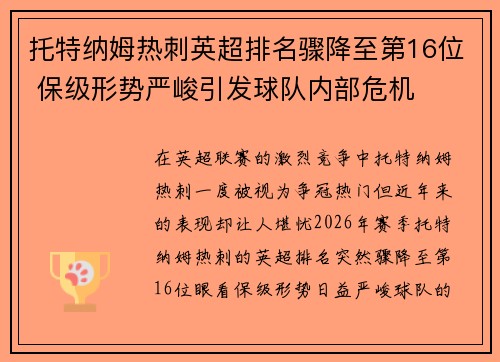 托特纳姆热刺英超排名骤降至第16位 保级形势严峻引发球队内部危机